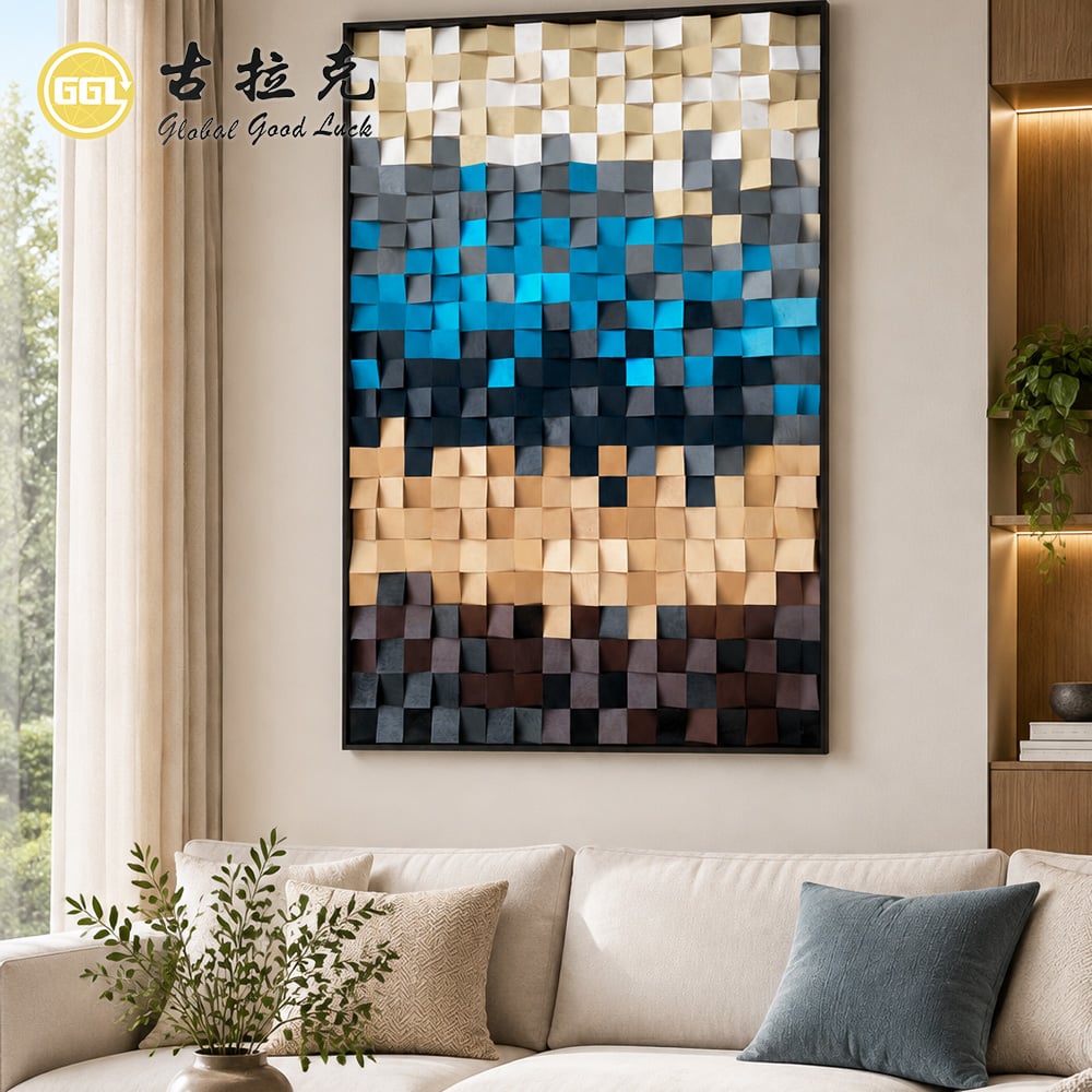 Custom Abstract 3D Wood Mosaic Art Mural Handmade Wooden Wall Panel