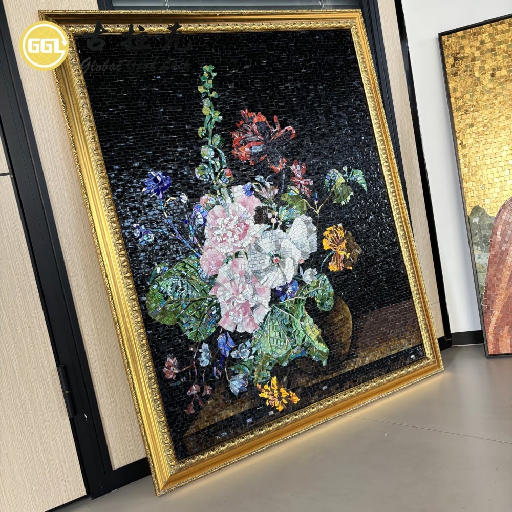 Handmade Natural Glass Mosaic Floral Artwork – Luxury Flower Stone Wall Art