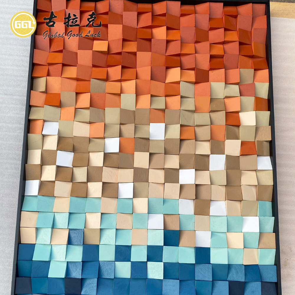 맞춤형 그라데이션 목재 모자이크 아트 벽화, 수제 3D 나무 벽 패널