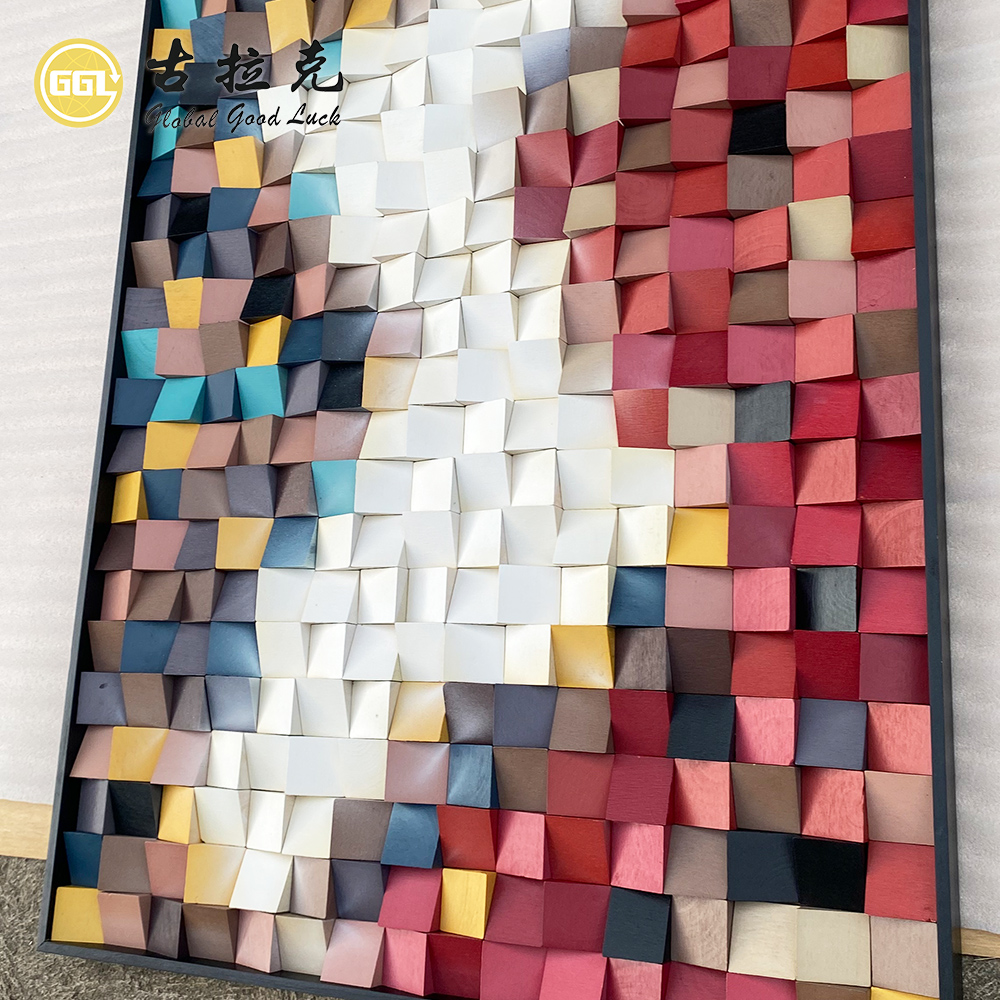 Handmade 3D Abstract Color Block Wood Mosaic Mural