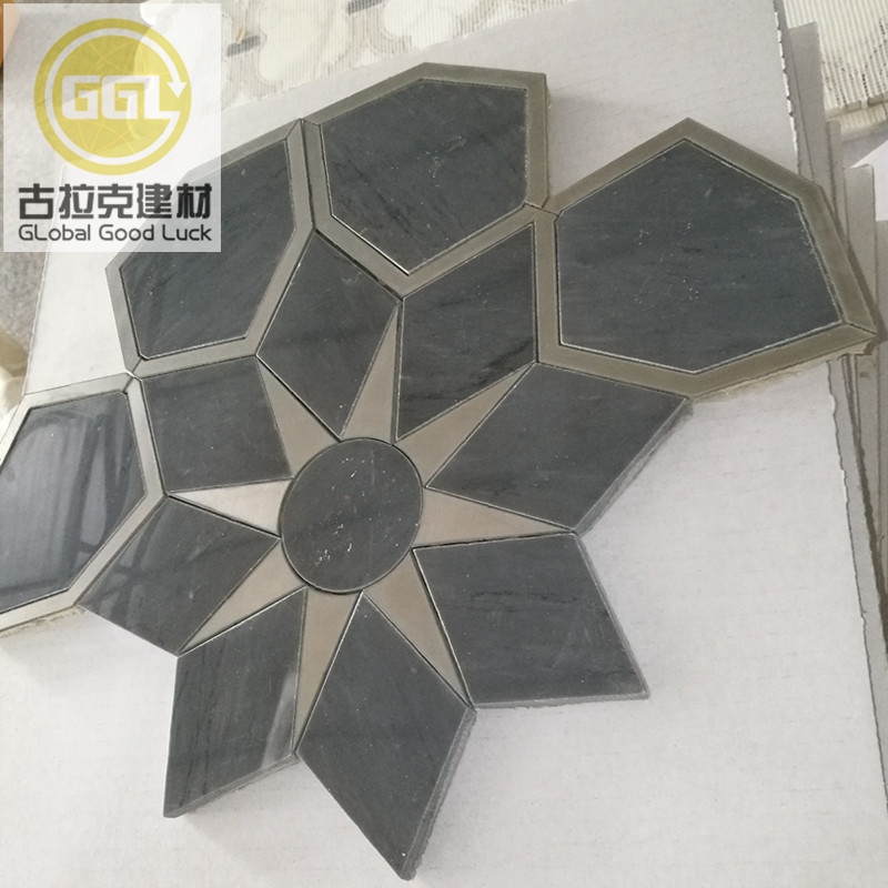 Sun Style Mosaiktileschwarz Marmor Mix Stern Spiegel Wasserstrahlmuster Tile