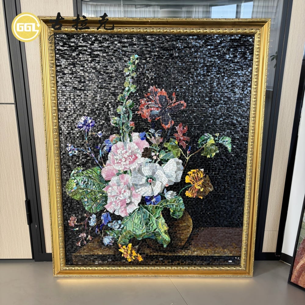 Handmade Natural Glass Mosaic Floral Artwork – Luxury Flower Stone Wall Art