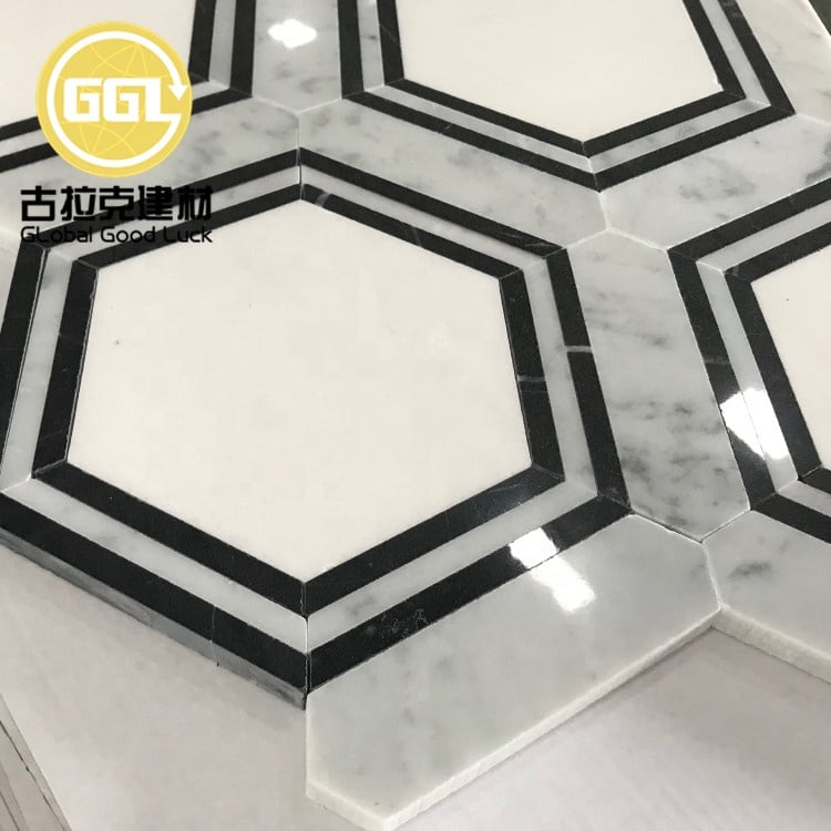 Poliertes Carrara-Weiß-Marmor-Mix-Nero-Schwarz-Marmor-Hexagon-Form-Mosaik-Kachel Für Heim/Villa-Wand/Boden-Design