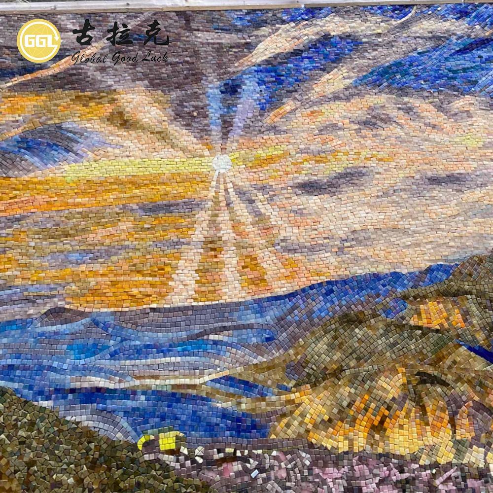 Sunset Landscape Mosaic Mural – Handmade Artistic Wall Decor for Luxury Interiors