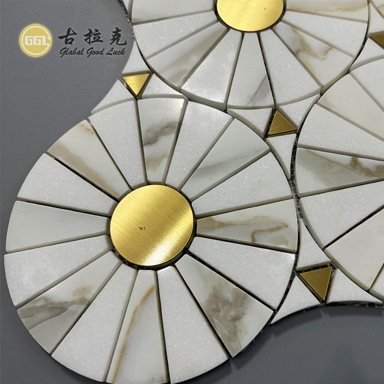 Calacatta Gold Marble Mix Brass Round Pattern Waterjet Mosaic Tile