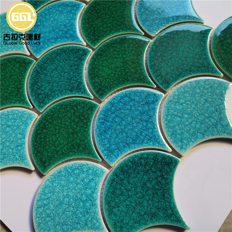 Multicolor Fan-Shaped Crackle Glazed Ceramic Mosaic Tile for Decorative Interiors