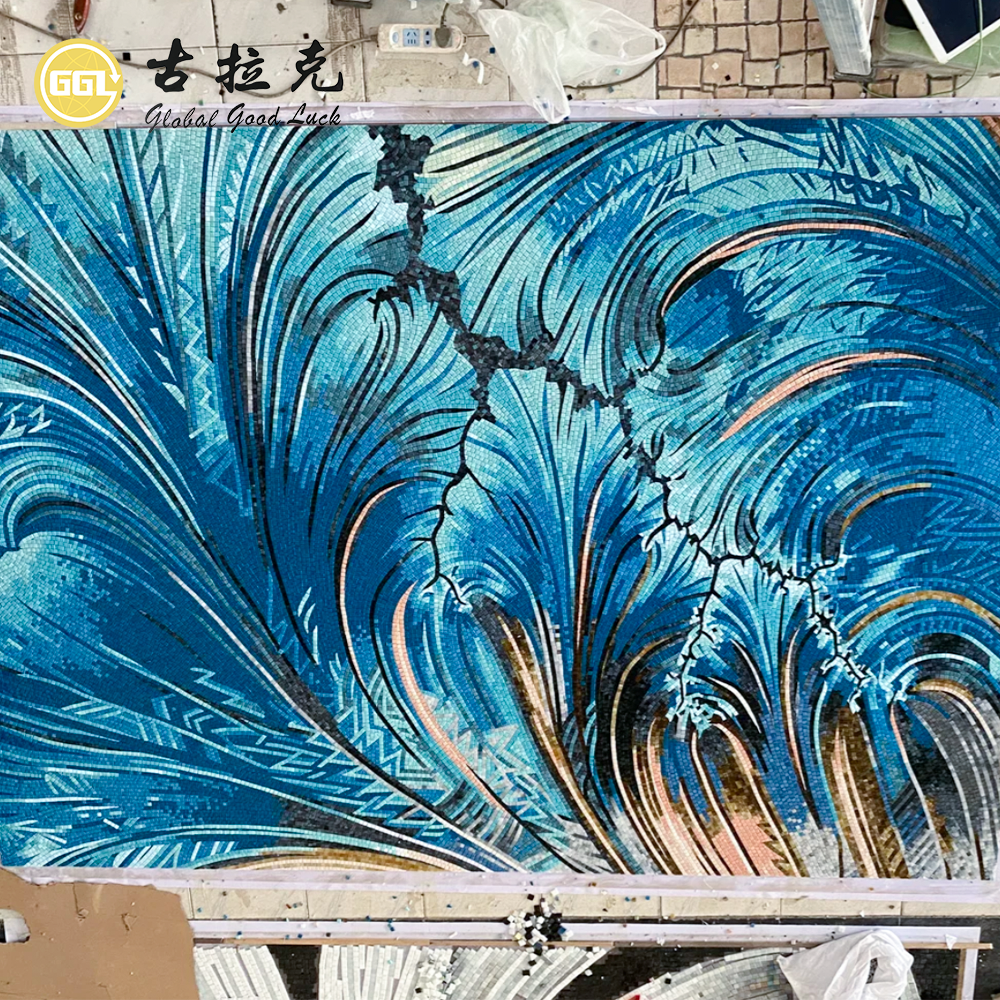 Custom Blue Wave Mosaic Mural for Luxury Interior Wall Decoration