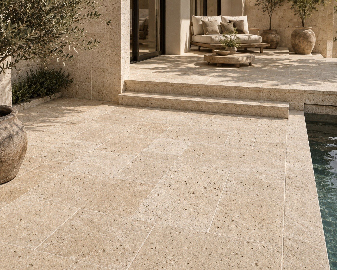 Roman Beige Limestone tiles used for outdoor terrace flooring and step applications