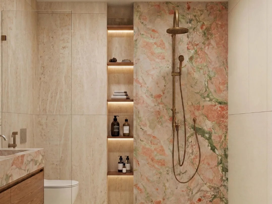 Monet Garden Marble shower feature wall with pink and green painterly veining in a warm contemporary bathroom.