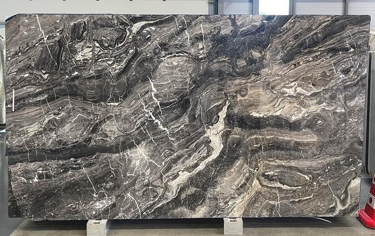 Arabescato Orobico Grigio marble slab with dramatic grey, taupe and ivory veining.