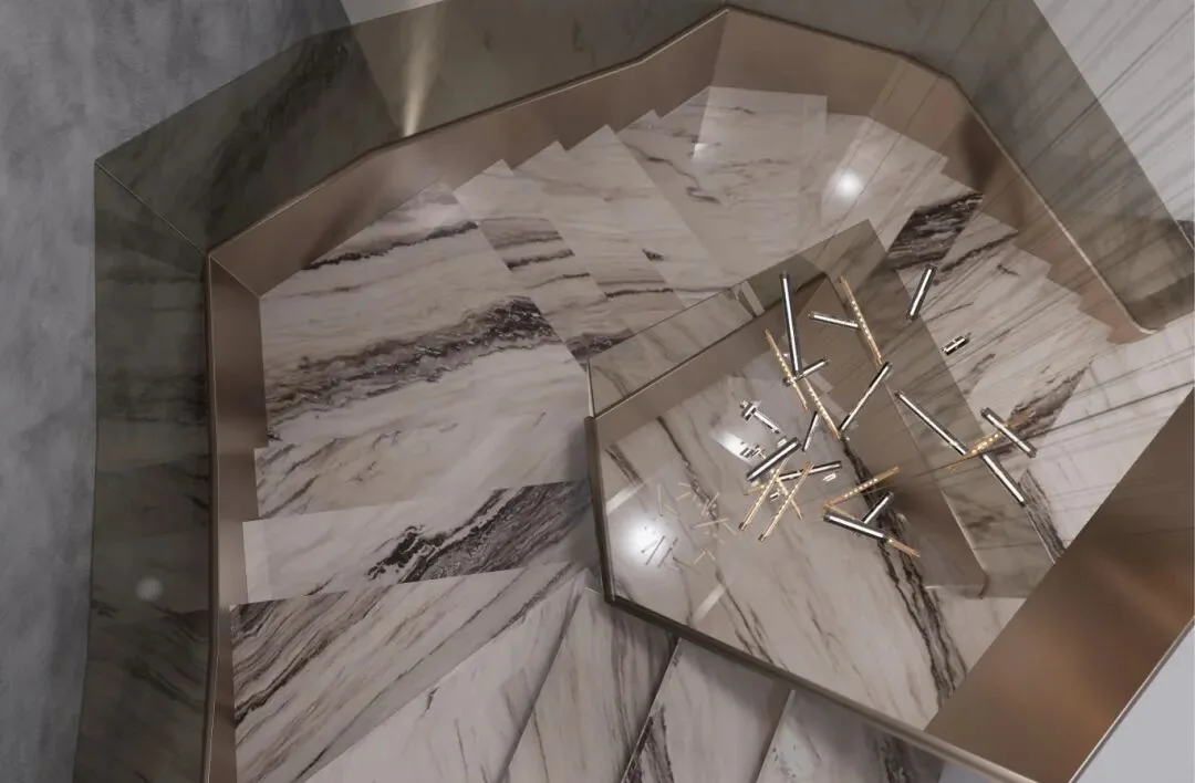 Top view of a sculptural Palissandro Bianco Marble staircase with sequential treads