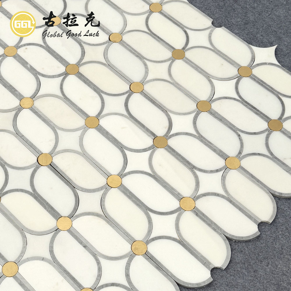 Luxury Waterjet Marble Mosaic Tile with Brass Inlay | Sichuan White & Italian Grey Marble