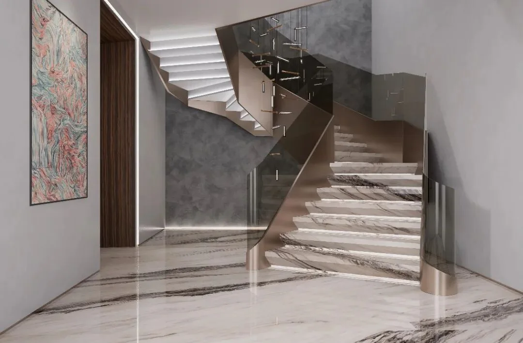 Modern staircase and floor finished in bold-veined White Gold Sand Marble