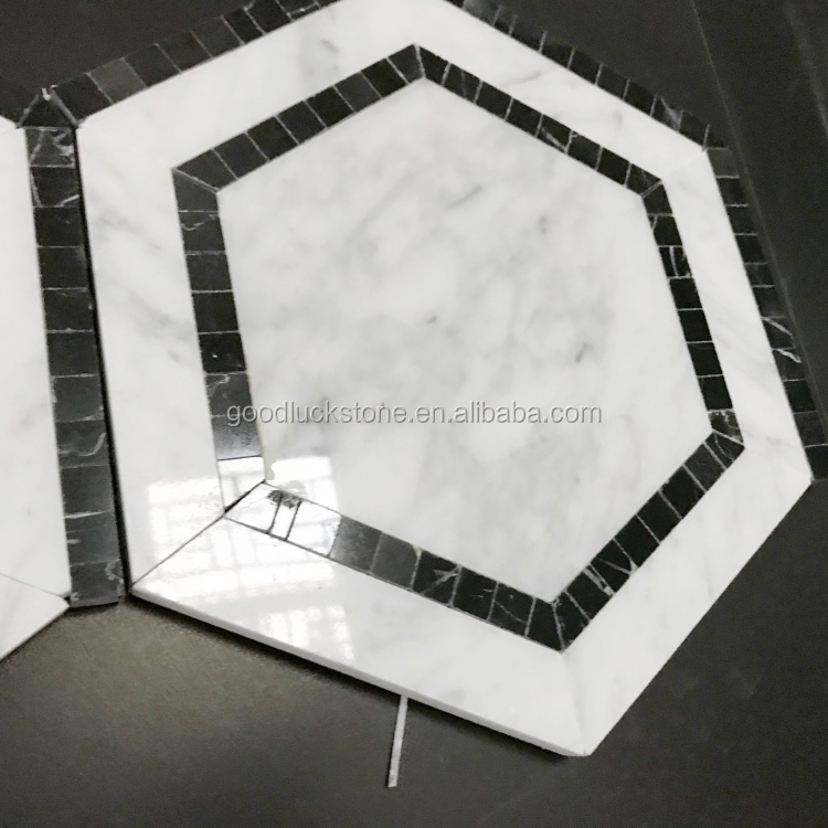Carrara Weiß Misch Schwarz Nero Marquina Marmor große Sechseckform Marmor Mosaikfliese für Küche/Wohnzimmer Boden und Wand Dekor