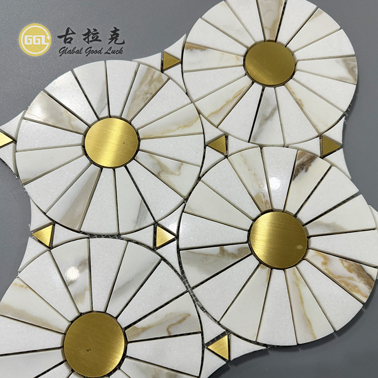 Calacatta Gold Marble Mix Brass Round Pattern Waterjet Mosaic Tile