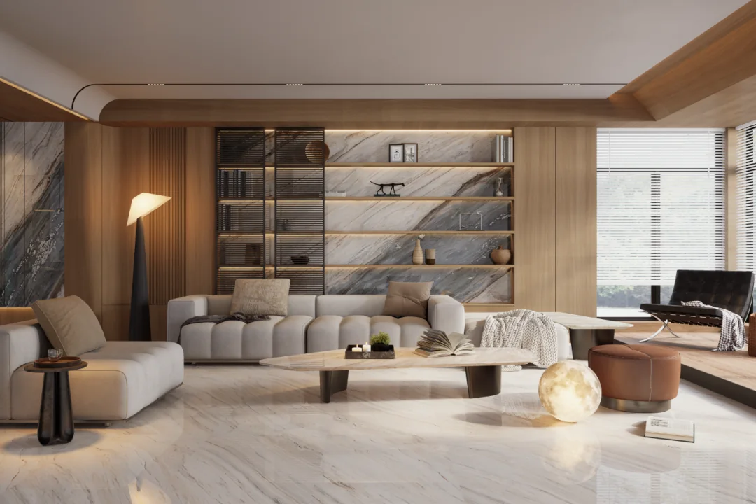 Open-plan living room with pale White Gold Sand Marble floor and dark veined wall accents