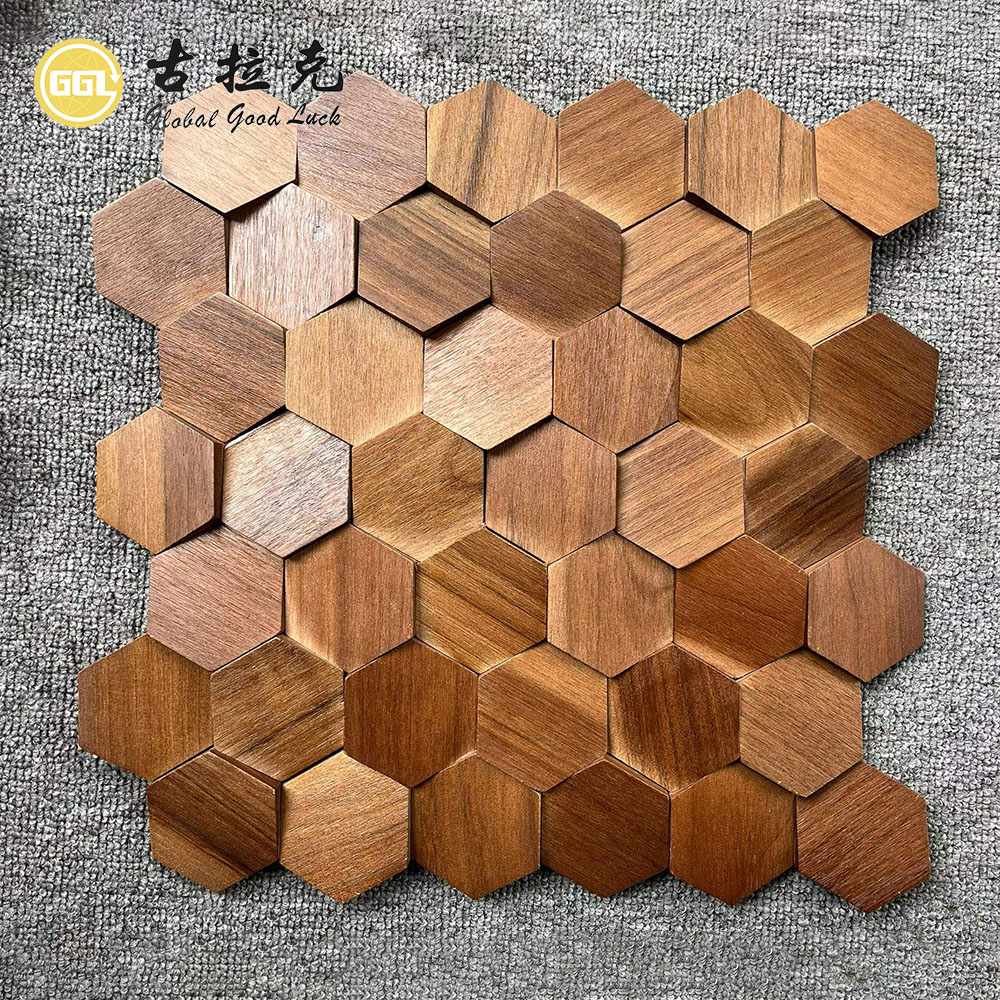 Ubin Mosaik Kayu Alami | Panel Dinding Mosaik Kayu Berbentuk Heksagon untuk Dinding Fitur Interior