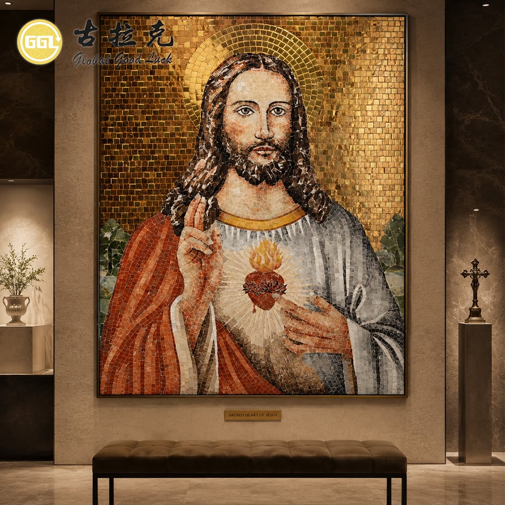 Handmade Glass Mosaic Religious Artwork – Sacred Heart of Jesus Mosaic Mural