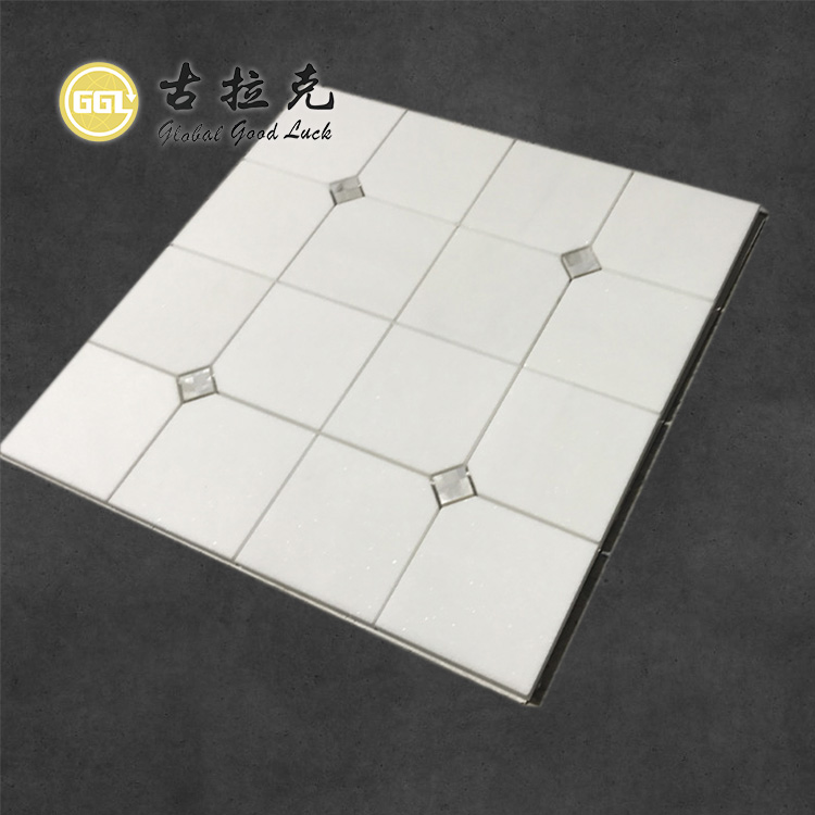 Square Thassos White Tile Shell Inlay Waterjet Mosaic Wall Tile für Badezimmerwände