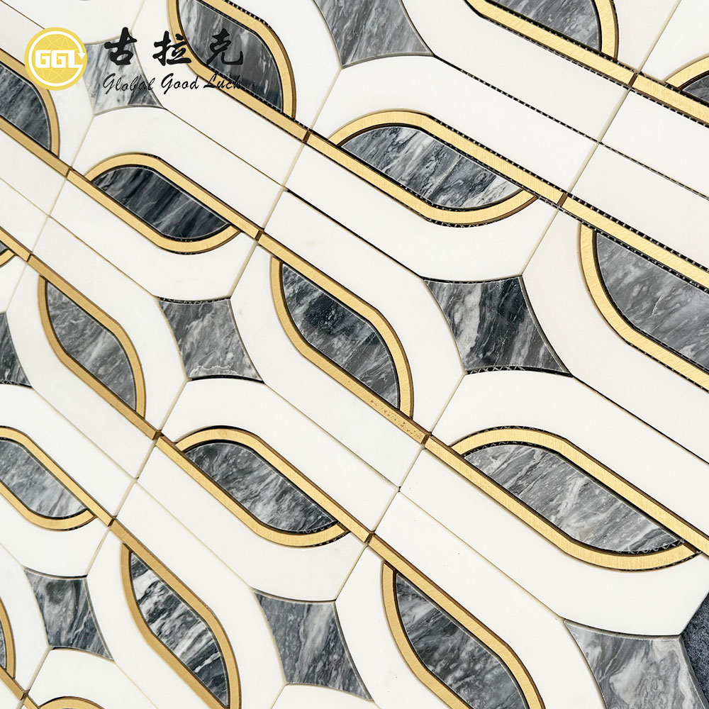 Natural Marble Waterjet Mosaic Tile with Brass Inlay | Florence Grey & White Marble Design