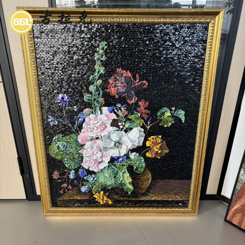 Handmade Natural Glass Mosaic Floral Artwork – Luxury Flower Stone Wall Art