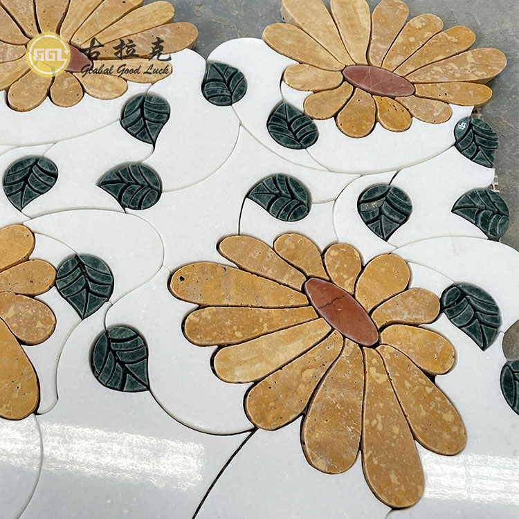 Elegante Sonneblom Mosaïek Tegel Water Jet Marmer Mosaïek vir Tuis Dekor