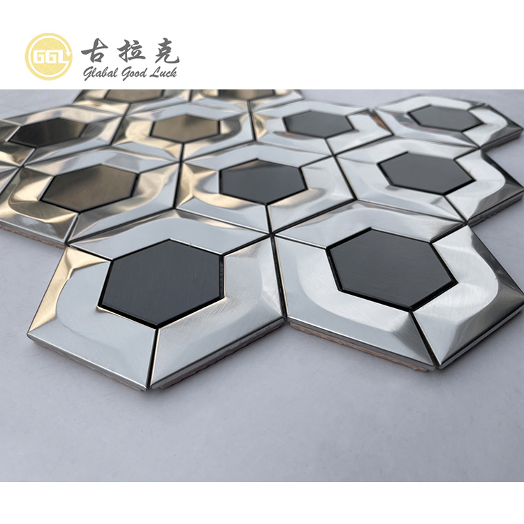 3D Vlekvrye Staal Mosaïek Backsplash Seshoek Silwer Metaal Mosaïek Teël