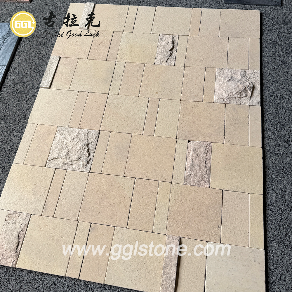 Moderne natürliche beige Kalkstein-Außenverkleidung in Parkett-Optik, Wandpaneel, individuell gestaltbare Steinwandfliese