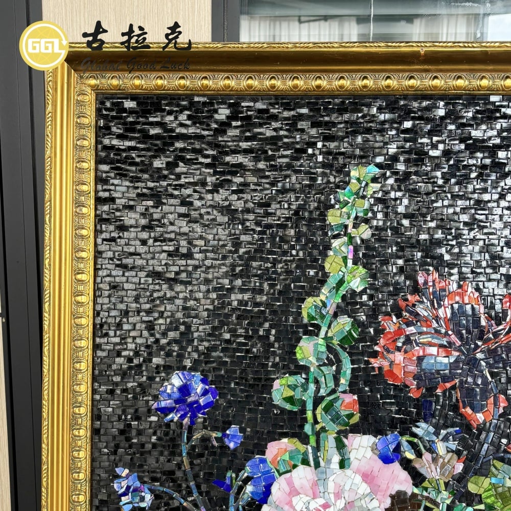 Handmade Natural Glass Mosaic Floral Artwork – Luxury Flower Stone Wall Art