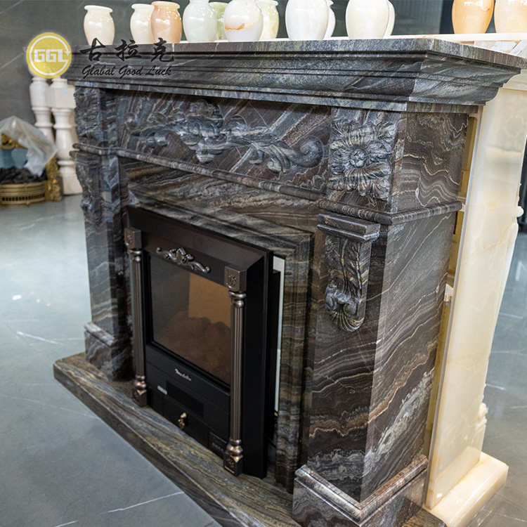 Estilo francés: decoración interior para el hogar, marco de piedra negro de lujo y autónomo para chimenea