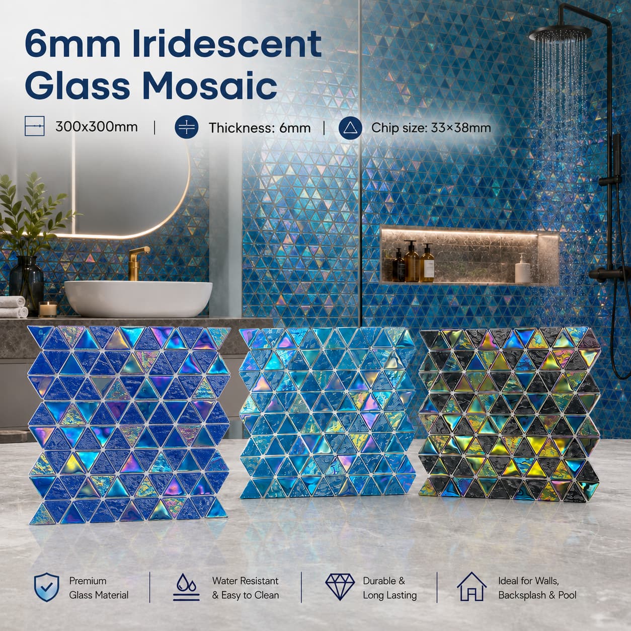 Mosaik Kaca Kristal Berbentuk Segitiga dengan Pelangi | Ubin Kaca Iridesen untuk Kolam Renang dan Desain Interior