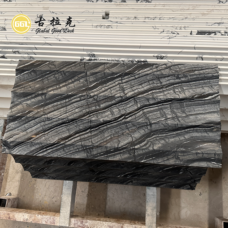 Schwarzer Holz-Marmor glänzende Wellenoberfläche Marmor Mosaik Kachel