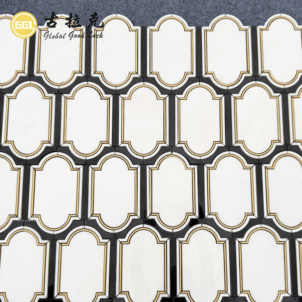 Classic Black & White Marble Waterjet Mosaic with Brass Inlay | Custom Stone Wall Tile