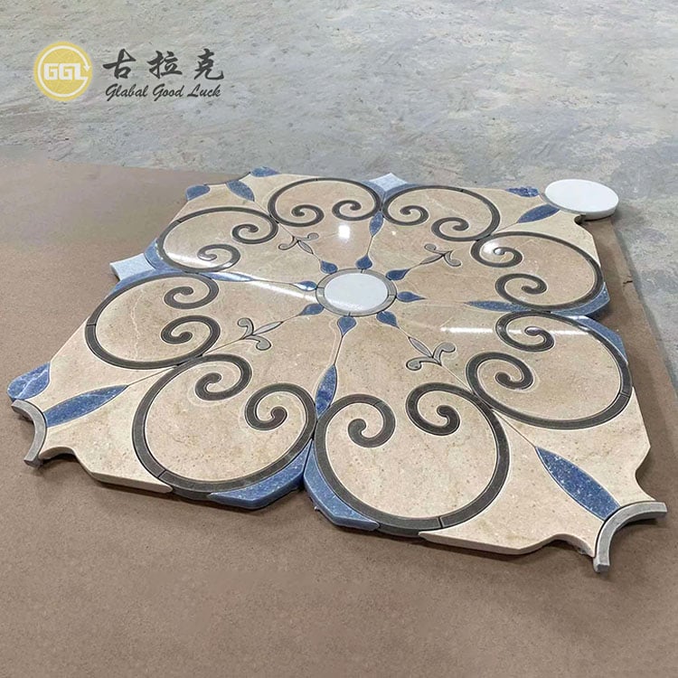 Flower Design Marble Mosaic Tile Blaue Beige Steinfliesen für die Villen-Innenausstattung