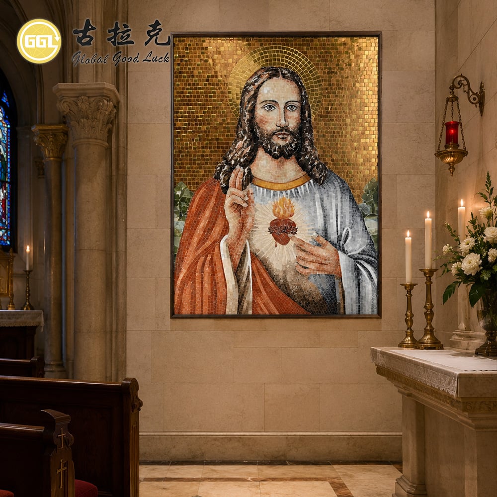 Handmade Glass Mosaic Religious Artwork – Sacred Heart of Jesus Mosaic Mural