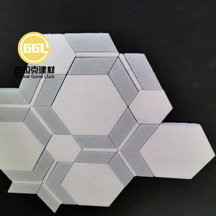 Xiamen Fabrik Lieferung Weiß-Grau Marmor Kombination von Sechseck- und Quadrat-Mosaikfliesen für Badezimmerwände/-Boden Dekoration