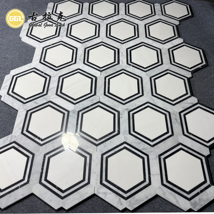 Sechseckiger schwarzer weißer Marmor-Stein-Mosaikflor für Wohnraumfliesen-Design