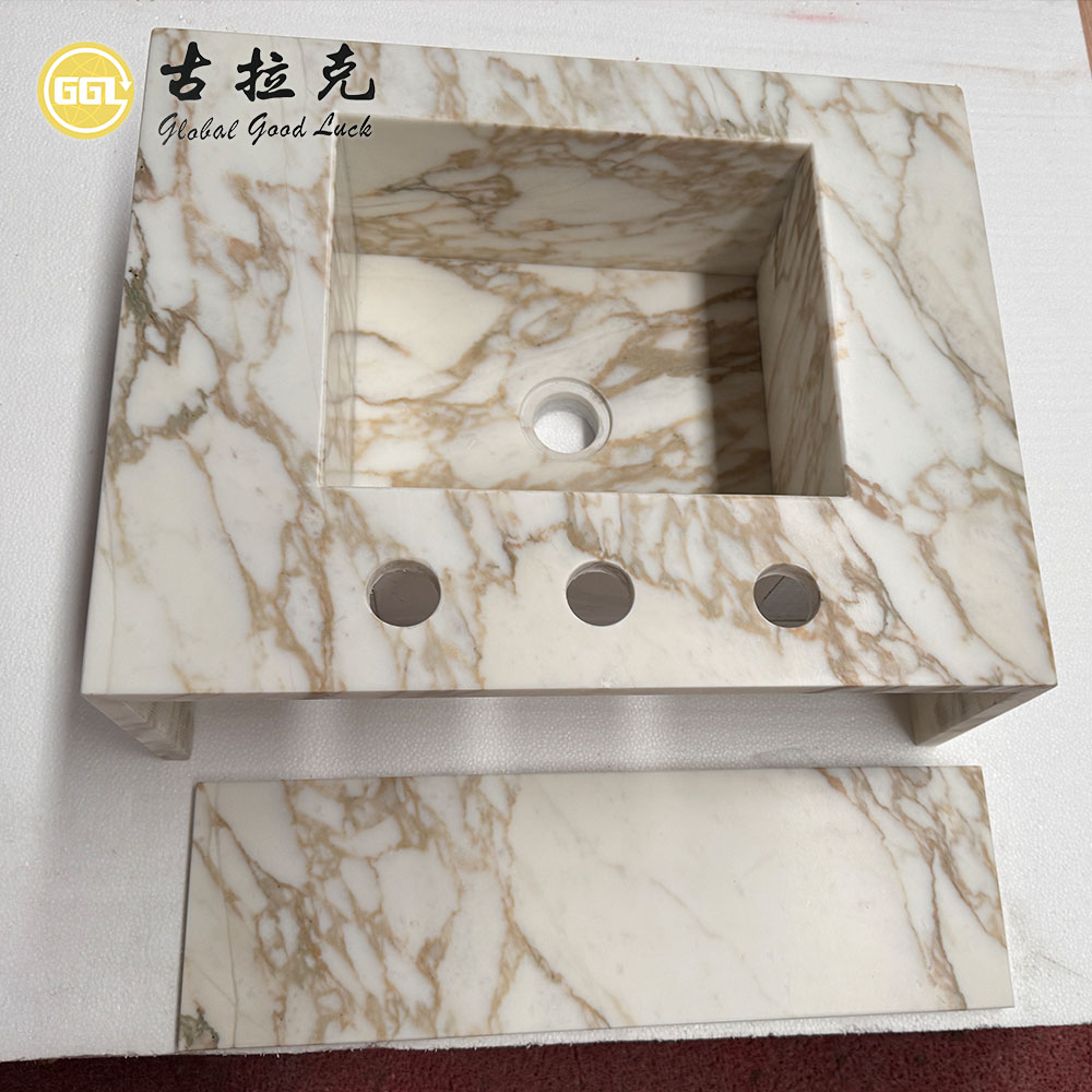Italienischer Calacatta-Gold-Marmor-Waschtisch | Individueller Luxus-Badezimmer-Waschbecken