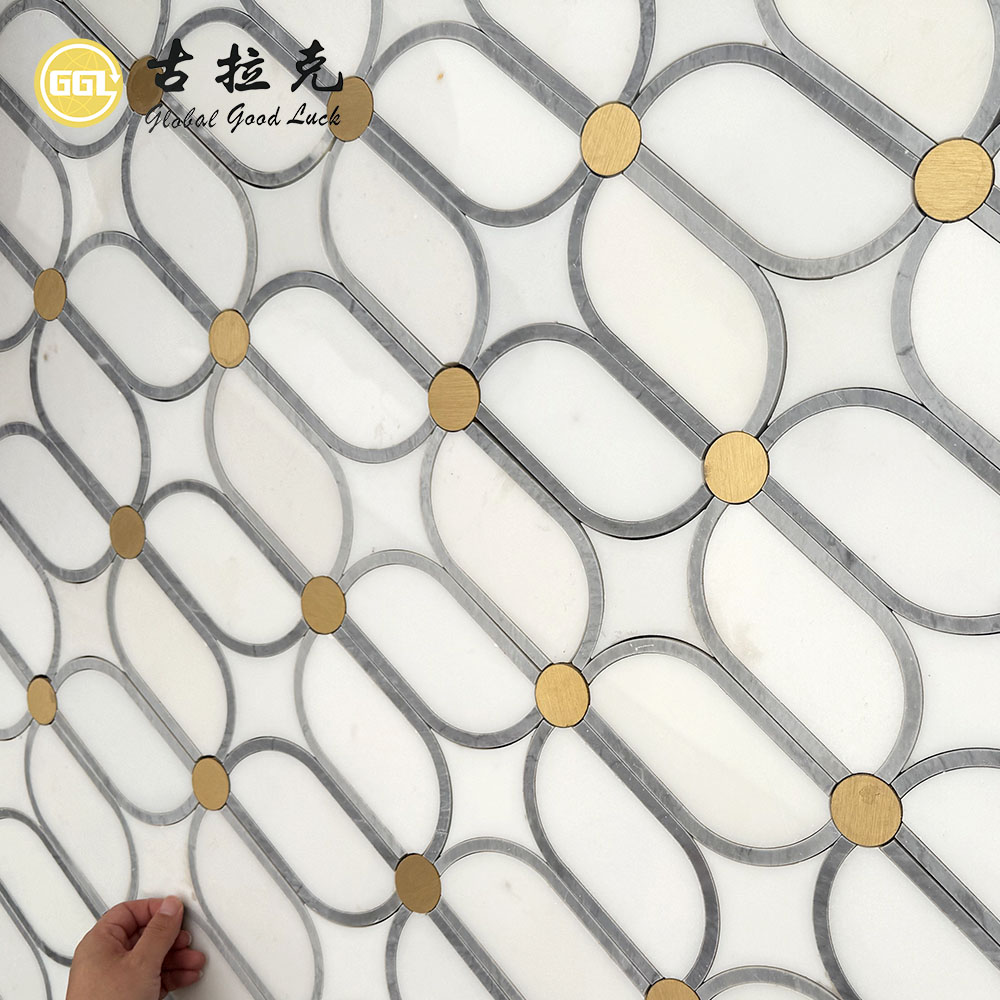 Luxury Waterjet Marble Mosaic Tile with Brass Inlay | Sichuan White & Italian Grey Marble