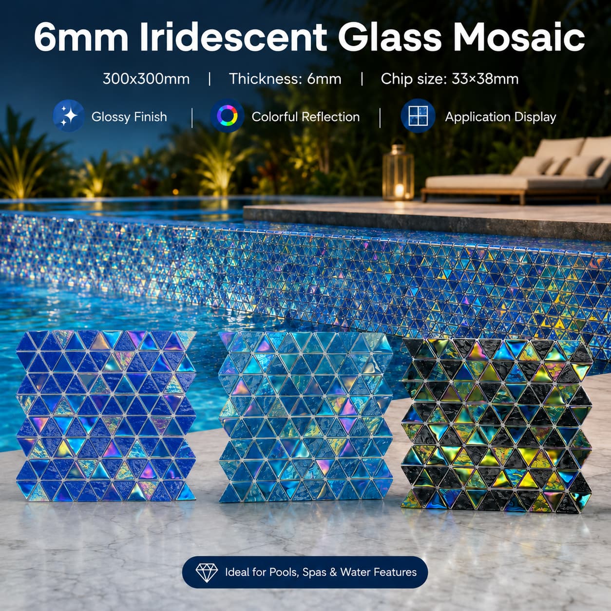 Mosaik Kaca Kristal Berbentuk Segitiga dengan Pelangi | Ubin Kaca Iridesen untuk Kolam Renang dan Desain Interior