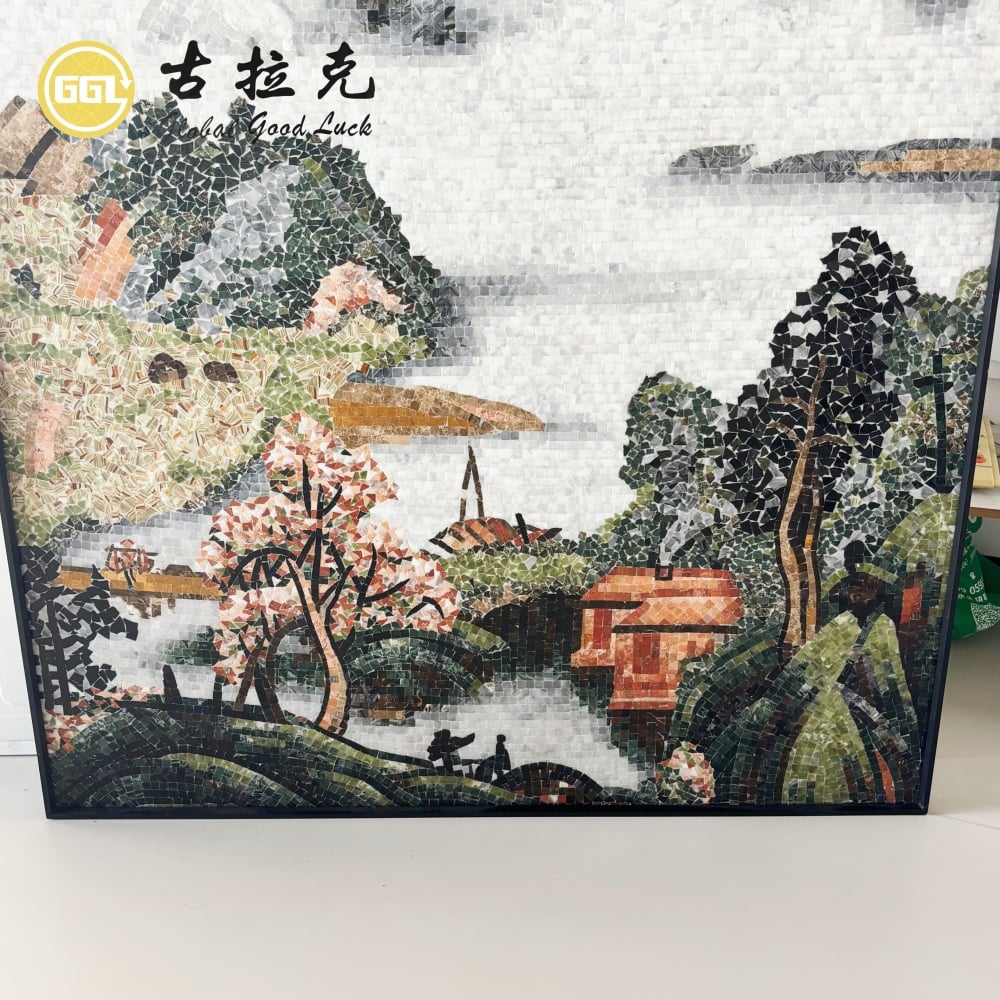 Handmade Natural Marble Mosaic Mural Landscape Painting for Luxury Interior Wall Decoration