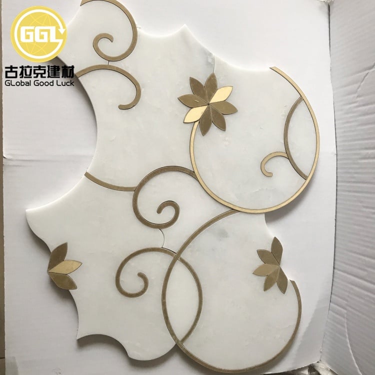 White Mable Campuran Brass Waterjet Corak Bunga Mozaik untuk Til Dinding Bilik Mandi dan Dapur