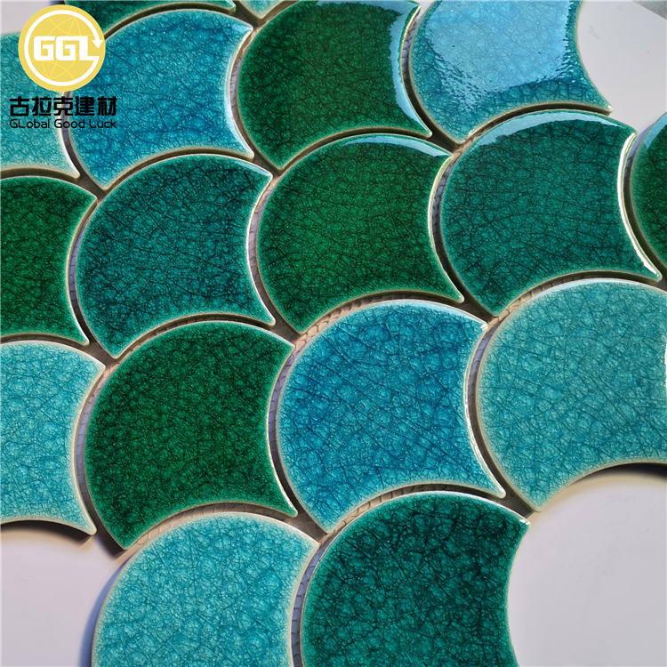 Multicolor Fan-Shaped Crackle Glazed Ceramic Mosaic Tile for Decorative Interiors