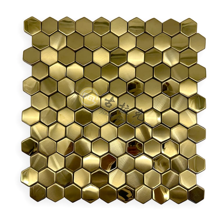 Sechseckige Edelstahl Goldene Metall Mosaikfliese Innenwand Dekor