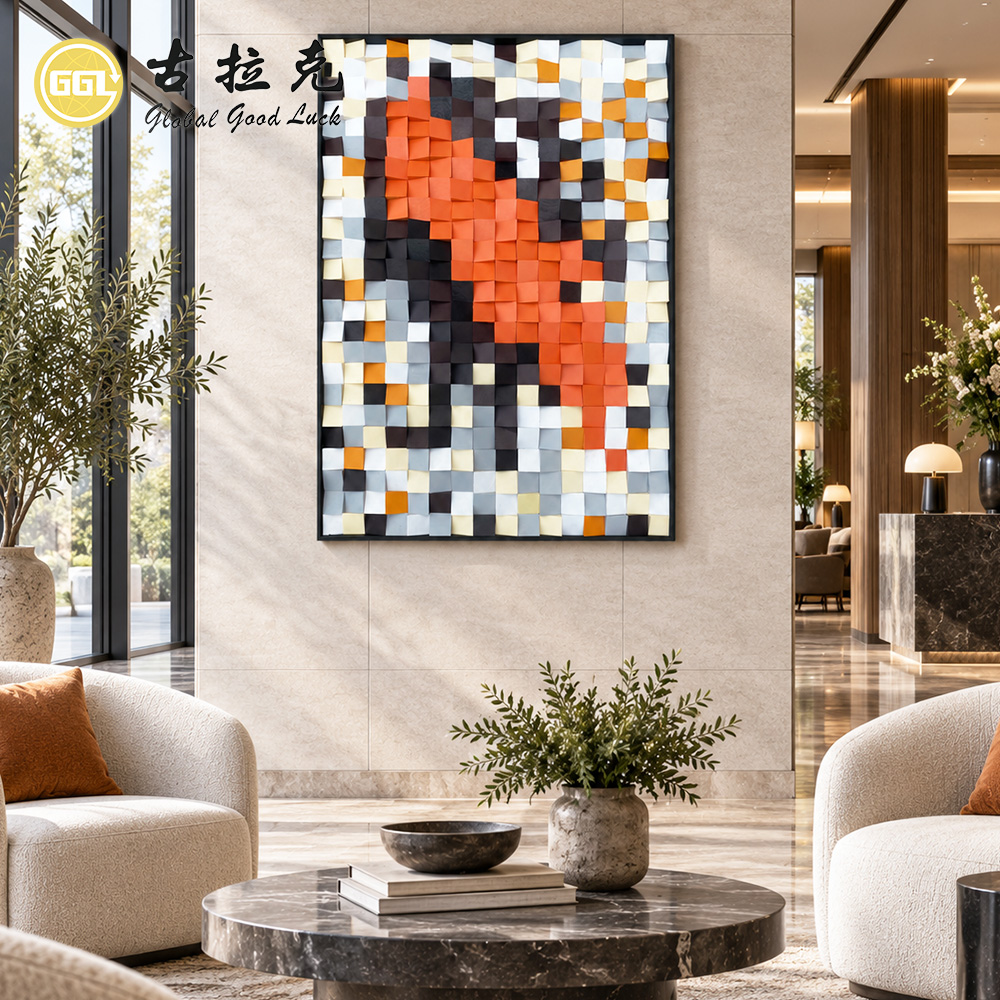 Handmade 3D Abstract Wood Mosaic Mural with Orange & Black Tones