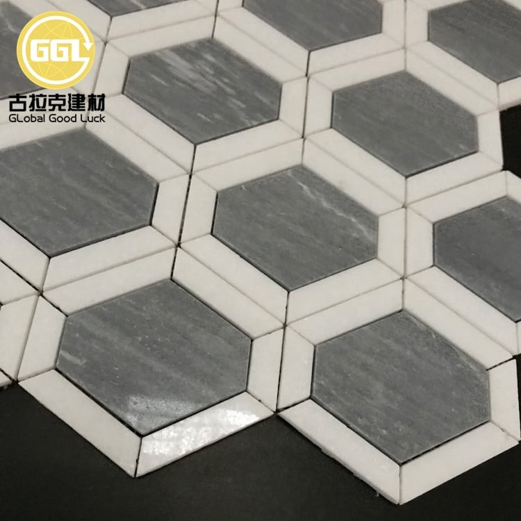 4 Zoll Sechseckmuster Marmor Grau Mix Weiß Mosaikfliese für Badezimmer Rückwand Wand Boden Dekor