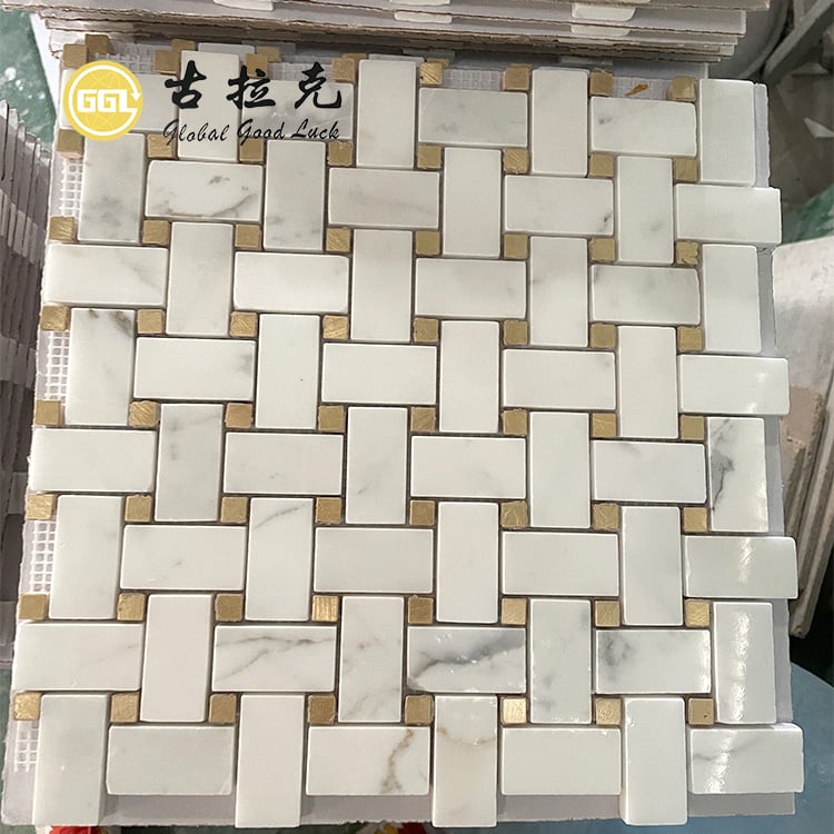 Lordly American Style Tile White Color Mix Brass Dots Basketweave Shape Interior Mosaic Tile