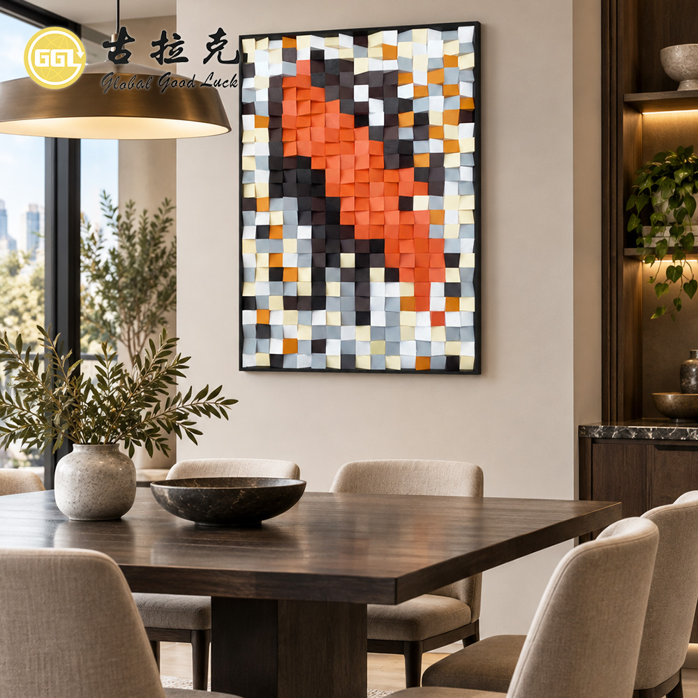 Handmade 3D Abstract Wood Mosaic Mural with Orange & Black Tones