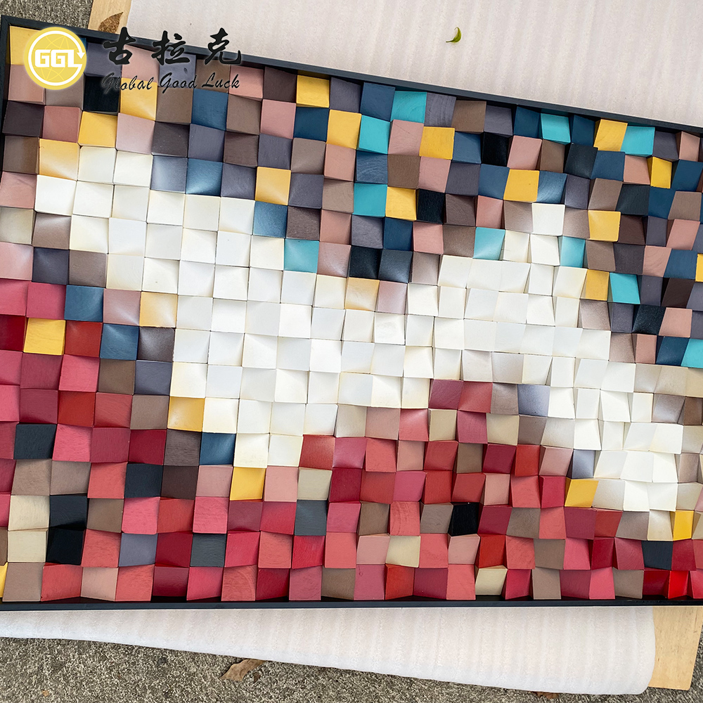 Handmade 3D Abstract Color Block Wood Mosaic Mural