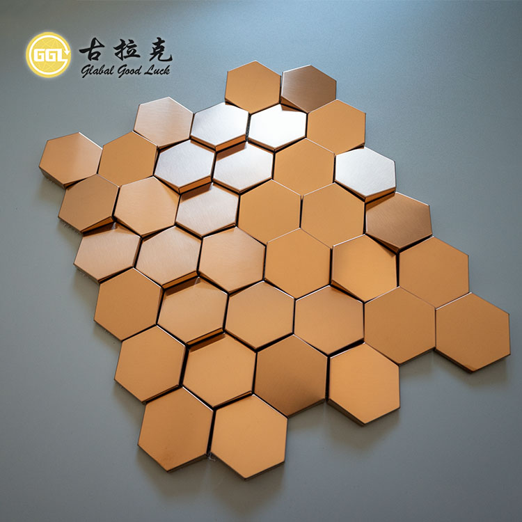Design côncavo convexo aço inoxidável metal mosaico azulejo hexágono forma decoração de parede